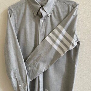 Thom Browne, Classic 4-Bar straight-fit chambray shirt. Grey. Size 1. Collar 15”